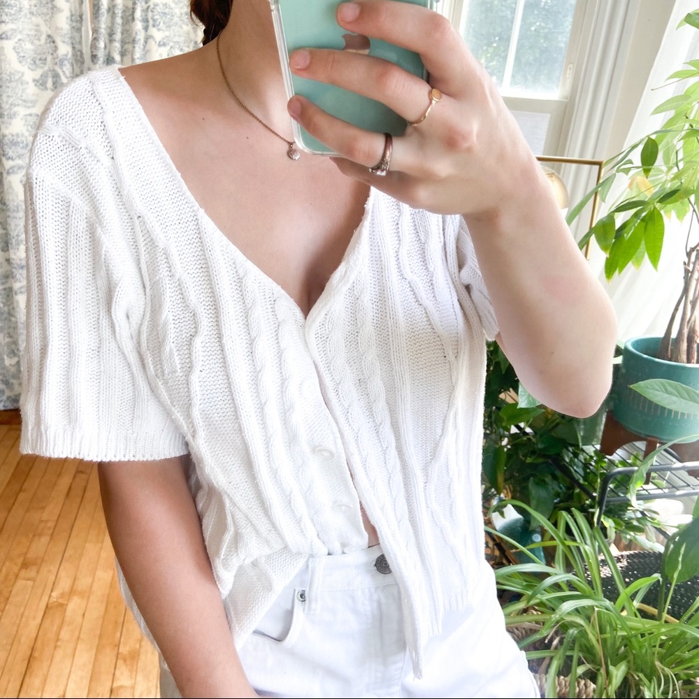 Vintage sweater cardigan white knit button up top